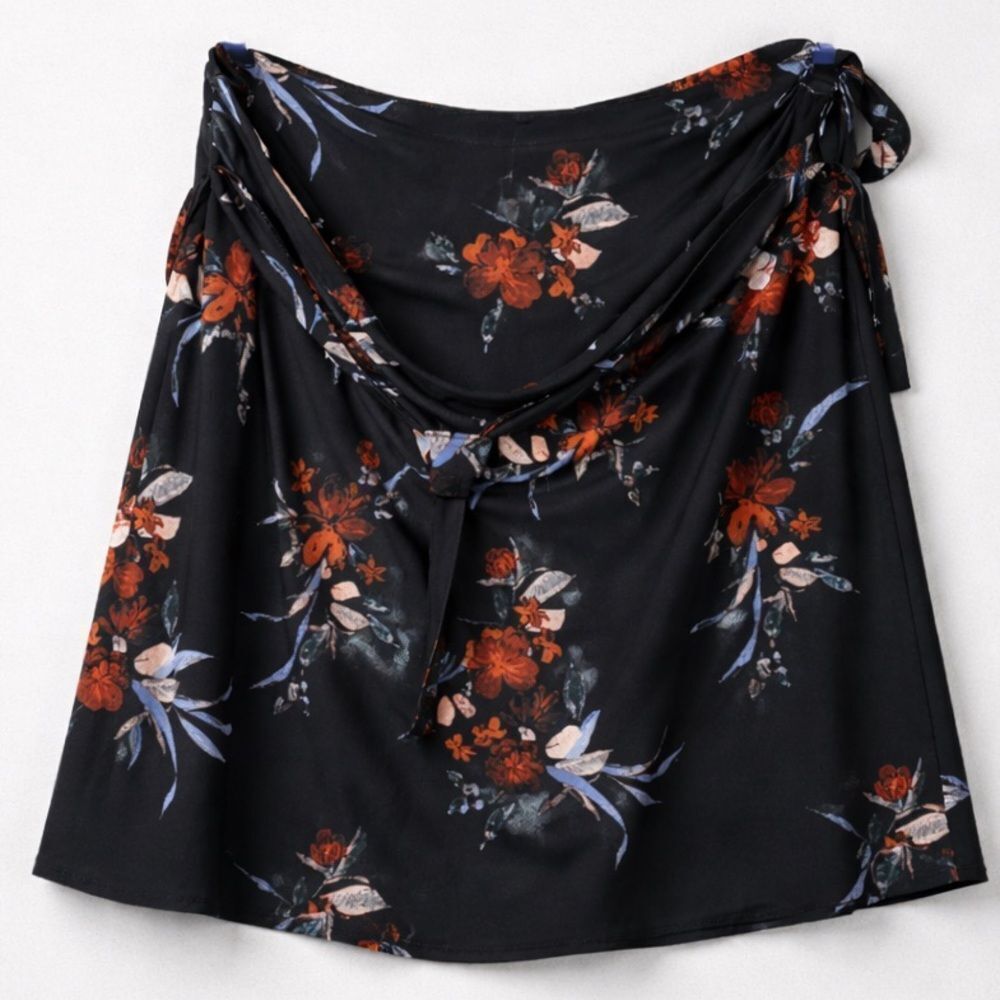 Lynsey Black floral print faux wrap belted skirt
